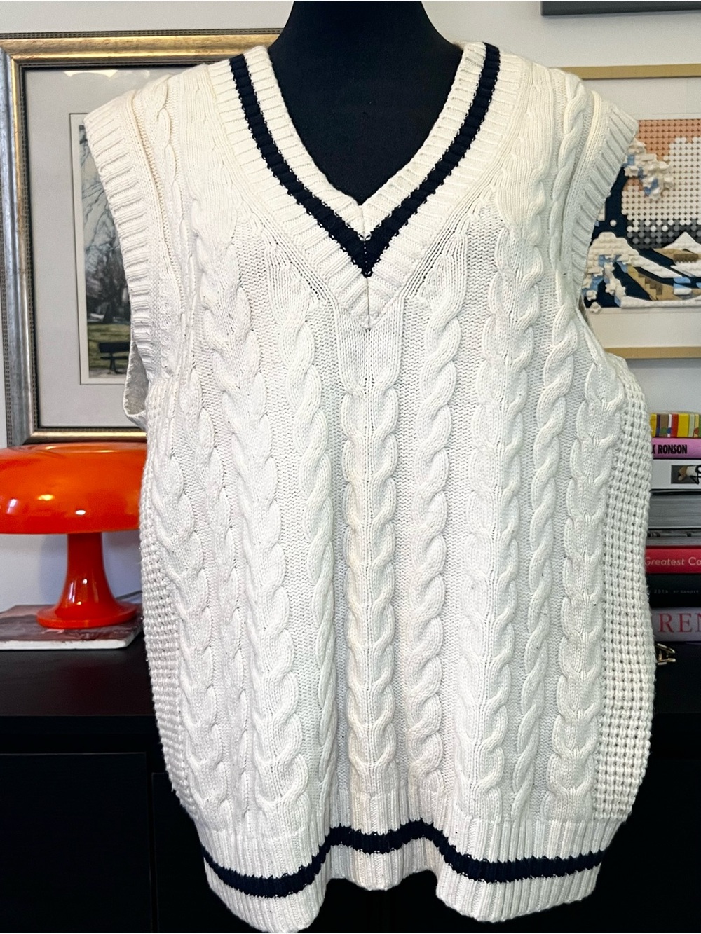 Sunday Best White Cable-Knit V-Neck Sweater Vest with Navy Trim